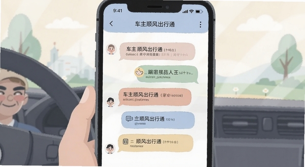 车主顺风出行通 问答界面 手机屏幕 显示常见问题列表 聊天气泡 扁平化插画风格 柔和色彩