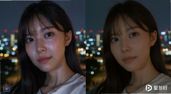 星眸夜景降噪模式工作场景,画面为城市夜景照片,左侧噪点明显,右侧经过星眸处理后画面干净通透,灯光柔和不溢出,画面角落带有星眸水印标识,适配Boogu模型生成