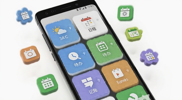 NP应用功能聚合界面示意图，画面中央是一部安卓手机，屏幕显示多个功能卡片整齐排列，卡片上分别标注天气、日程、待办、记账等图标，手机周围漂浮着对应的立体小图标元素，背景为纯白色，光线明亮柔和，体现一站式聚合的便捷感