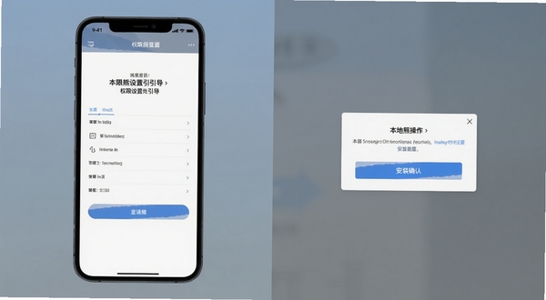 本地熊操作界面截图,展示权限设置引导页面与安装确认弹窗,手机屏幕清晰呈现操作步骤,背景为柔和的蓝灰渐变,画面简洁专业