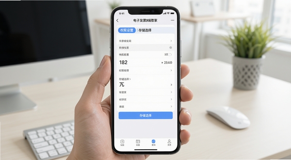 电子发票快捷管家移动端操作界面截图，展示权限设置和存储选择页面，手机屏幕清晰，背景为浅色办公环境，风格简洁实用