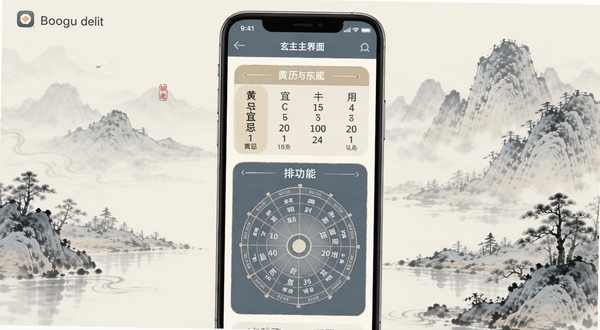 最东玄应用主界面展示,画面中央为手机屏幕,屏幕内呈现黄历宜忌与排盘功能模块,背景为淡雅水墨风格山水元素,整体色调以青灰与米白为主,适配Boogu模型生成