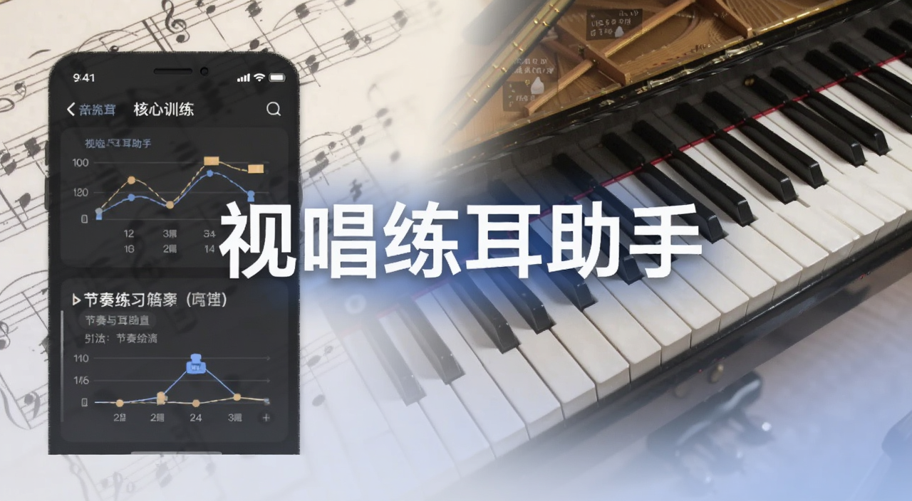 视唱练耳助手手机应用界面整体预览图,展示核心的音阶训练与节奏练习模块,背景为淡雅的乐谱与钢琴元素,画面中心突出软件名称视唱练耳助手,风格简洁明亮,适合应用商店展示