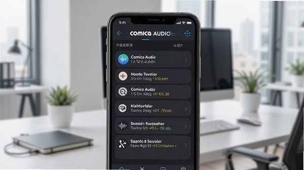 Comica Audio 软件版本更新日志截图，展示手机界面上的功能列表和优化说明，背景为现代办公室桌面环境，画面简洁明快，突出Comica Audio 的升级亮点