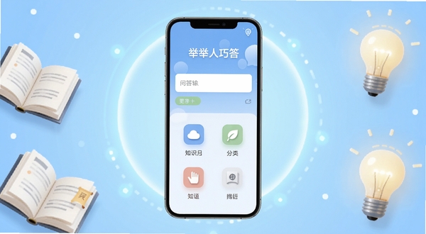 举人巧答应用首页界面展示，画面中央为手机屏幕正视图，屏幕内呈现简洁的问答输入框与知识分类图标，背景为浅蓝渐变科技感光晕，四周点缀书本与灯泡元素，整体风格清爽现代，适配Boogu模型生成