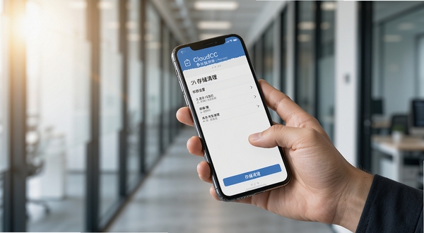 CloudCC Service 移动端操作指引图，画面展示一只手拿着手机，屏幕上显示权限设置和存储清理界面，背景区域为模糊的办公室走廊，光线从侧面照射，突出操作步骤的清晰度和实用性