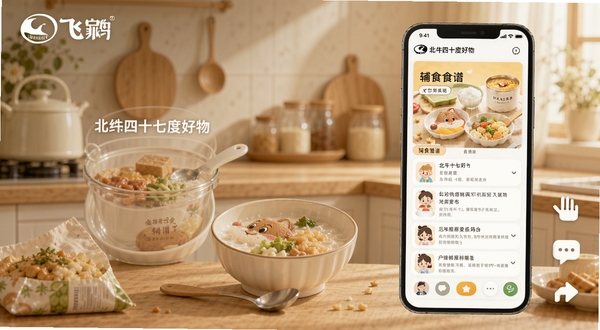 飞鹤丨北纬四十七度好物 社区内容页面手机展示,画面中有辅食食谱卡片和用户互动图标,背景为温馨厨房场景,色彩柔和