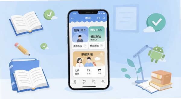 两类人考试安卓手机应用主界面展示，画面中央是手机屏幕，屏幕内显示题库练习与模拟测验卡片式布局，背景为浅蓝渐变学习场景，周围点缀书本、铅笔与对勾图标，整体风格清爽扁平化，突出备考学习氛围