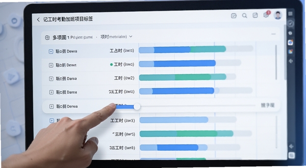 记工时考勤加班的项目标签管理界面，屏幕显示多个项目名称列表与对应的工时占比条形图，手指正在拖动滑块调整分配比例，背景为柔和的蓝白配色，突出多项目工时分配与统计功能