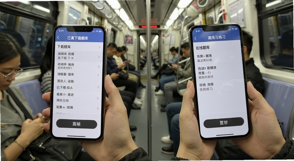 两类人考试离线做题模式展示，手机屏幕显示已下载题库列表和离线练习按钮，背景为地铁车厢内景，乘客手持手机学习，画面自然真实，突出随时随地备考的便利性