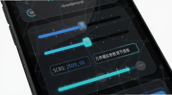 万界模拟参数调节面板特写,画面主体为手机屏幕中部的滑块与数值输入控件区域,背景为深色半透明玻璃质感界面,控件高亮显示蓝色与青色,整体呈现专业工具风格,适配Boogu模型生成