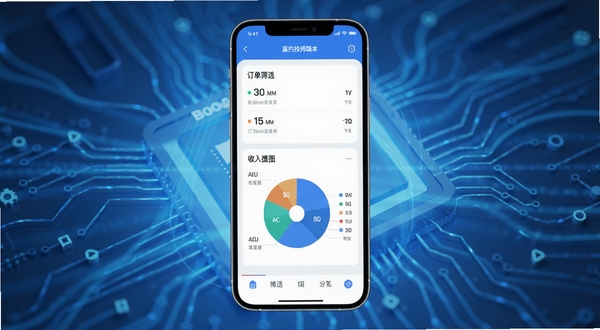 嘉约技师端版本更新功能展示图，手机屏幕显示新增的订单筛选与收入饼图界面，画面中心为手机屏幕内容，背景区域为科技感蓝色光效，适配Boogu模型生成
