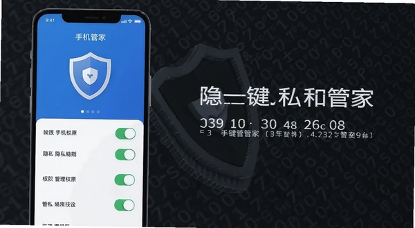 手机管家一键管理隐私安全检测界面,画面主体为手机屏幕显示盾牌图标和权限开关列表,背景为深灰色安全代码纹理,体现安全防护概念