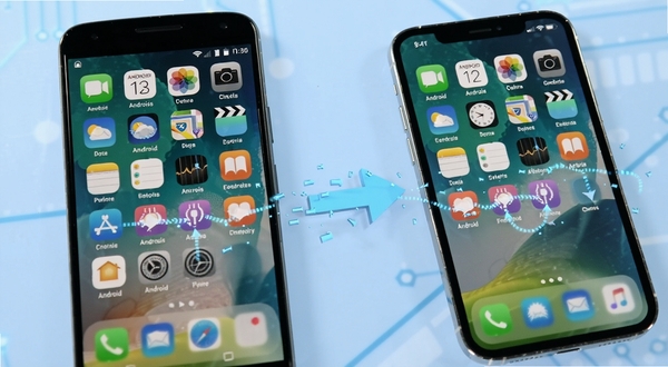 安卓转到iOS软件主界面截图，画面主体为一部安卓手机与一部iPhone并排显示，中间有数据流动的箭头动画，背景为简洁的浅蓝色科技风格，突出跨平台传输概念