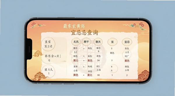 最东玄黄历宜忌查询界面,手机屏幕显示农历日期与宜忌列表,背景为柔和暖色渐变,点缀传统纹样装饰,画面简洁明快,适配Boogu模型生成