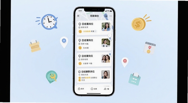现结兼职软件首页界面展示，画面主体为一部智能手机屏幕，屏幕中显示着各类日结兼职岗位的招聘卡片列表和地图定位图标，背景区域为柔和的浅蓝色渐变，周围漂浮着代表时间与金钱的简约扁平化图标，整体风格现代清新，适配Boogu模型生成