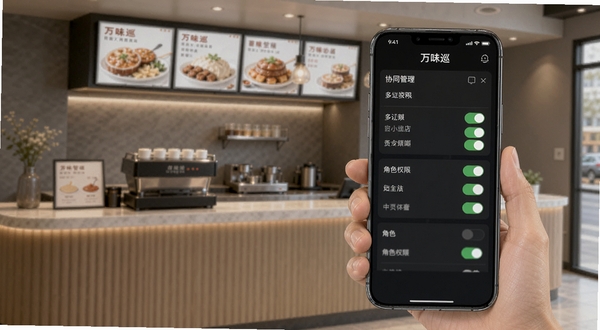 万味巡多店铺管理与员工权限设置界面，手机屏幕展示多门店切换列表与角色权限开关，背景为现代连锁餐厅前台，画面体现万味巡的协同管理能力