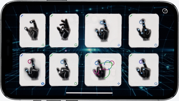 Super Hand 自定义手势库界面，手机屏幕上显示多个手势轨迹图形，每个图形对应不同应用图标，背景为网格状科技背景