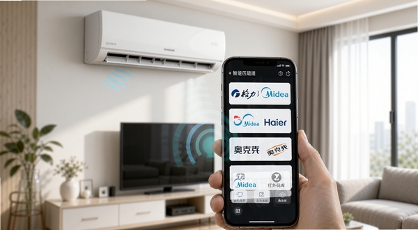 万能空调遥控通用+红外码库匹配界面,画面中一部手机正在扫描空调品牌列表,屏幕显示格力、美的、海尔、奥克斯等品牌logo排列,手机后方有一台壁挂式空调,背景为现代家居环境,光线明亮柔和,突出智能匹配的便捷感