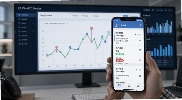 CloudCC Service 工单调度界面，手机屏幕显示待处理工单卡片，卡片上有客户姓名、地址、紧急程度标签，背景为办公室调度大屏与数据图表，光影柔和，突出高效协同氛围