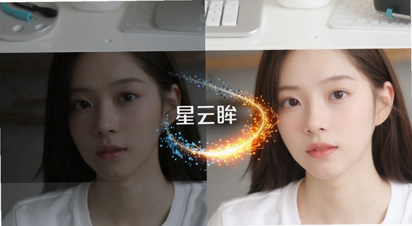 星眸智能画质增强功能演示,画面左侧为原图偏暗偏灰,右侧为星眸处理后的明亮鲜艳效果,中间带有星眸Logo与动态增强光线特效,背景为简洁的白色工作台,适配Boogu模型生成