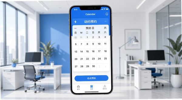动点预约手机应用主界面展示,中心位置为预约日历面板,背景为现代简约办公场景,蓝白配色,扁平化设计风格,画面清晰明亮