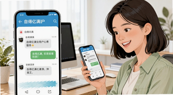 自得亿满用户问答场景插画,画面左侧为手机屏幕显示问答界面,右侧为一位年轻女性微笑查看手机,背景为明亮办公桌面,整体色调清新自然,体现自得亿满的实用问答服务