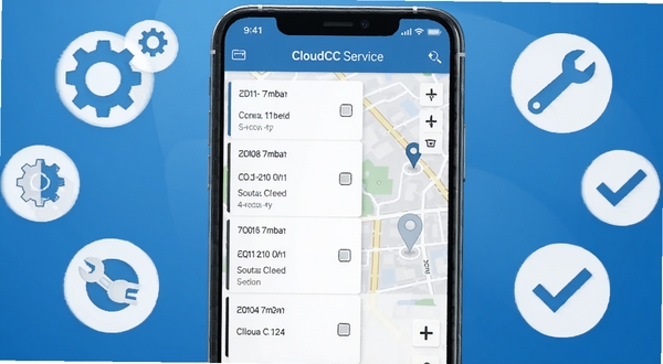 CloudCC Service 软件主界面展示，画面中央是手机屏幕，屏幕上显示工单列表和地图定位标记，背景区域为简洁的蓝色渐变商务风格，周围环绕着齿轮、扳手、对勾等代表服务与效率的图标元素，整体色调以蓝白为主，突出专业移动办公氛围