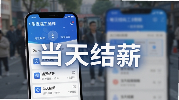附近临工每天结软件主视觉图,手机屏幕展示附近日结岗位列表与当日结算到账通知,背景虚化处理,突出蓝白主色调的界面设计,画面中心聚焦“当天结薪”字样