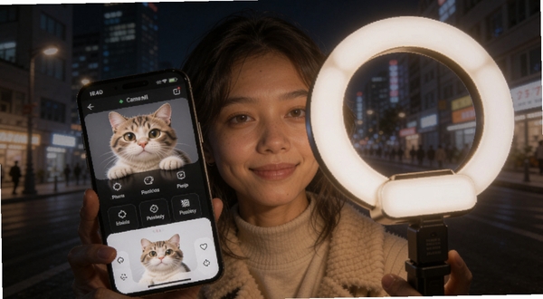 小猫补光灯软件主界面展示，手机屏幕发出柔和环形光，照亮人物面部，背景为夜晚城市街景，画面明亮温馨，突出补光效果