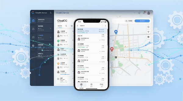 CloudCC Service 软件主界面全貌展示，画面中央为手机屏幕悬浮显示工单列表与地图定位标记，背景为浅蓝色渐变科技感底纹，四周点缀齿轮与数据流线条，整体风格简洁商务，适配 Boogu 模型生成