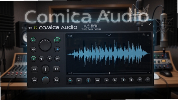 Comica Audio 软件主界面预览图，展示其简洁的录音控制面板与高清波形显示区域，背景为专业录音棚环境，画面主体突出软件名称Comica Audio，整体风格科技感十足，光线柔和且聚焦于界面细节