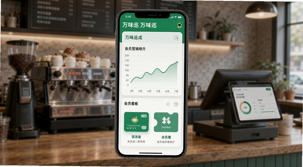 万味巡会员营销与数据看板界面展示，手机屏幕呈现折线图与会员卡图标，背景为咖啡厅收银台环境，画面包含万味巡品牌色与数据可视化元素