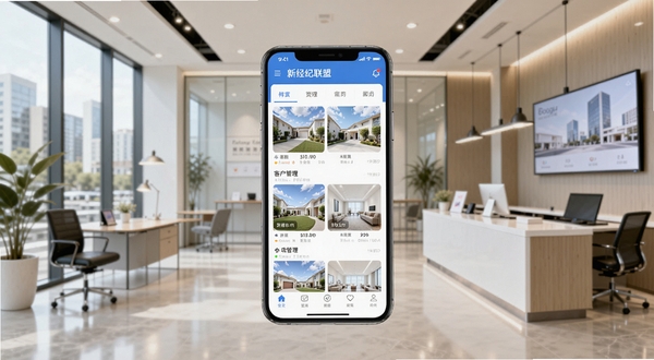 新经纪联盟应用界面全景展示，画面中央为手机屏幕呈现房源列表与客户管理模块，背景区域为现代房产中介门店办公场景，整体色调明亮专业，适配Boogu模型生成