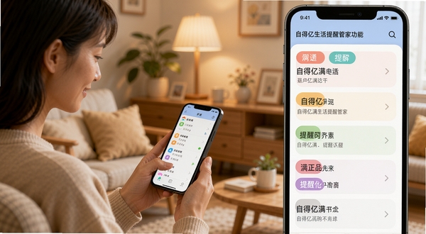 自得亿满生活提醒管家功能界面,画面右侧展示手机屏幕,屏幕内呈现彩色标签分类的提醒事项列表,左侧有一位用户正在查看手机,背景为温馨家居环境,色调柔和温暖,突出自得亿满的提醒服务场景