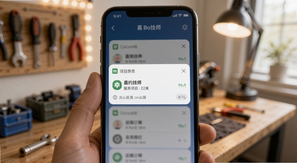 嘉约技师端订单推送提醒功能特写，手机屏幕弹出新订单卡片，显示服务项目与距离，背景为技师工作台，画面中心为手机通知弹窗，背景区域为柔和光线的室内环境，适配Boogu模型生成