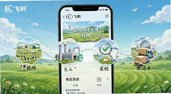 飞鹤丨北纬四十七度好物 商品溯源页面截图风格插画,画面展示牧场、工厂、质检、配送四个环节图标串联,手机界面居中,背景为绿色草原与蓝天,细节清晰