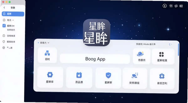 星眸软件主界面全貌展示,画面中央为星眸App的图标与核心功能面板,背景区域采用深空蓝渐变色调,点缀细微星光粒子,整体风格科技感与简洁感并存,适配Boogu模型生成,突出星眸品牌视觉识别