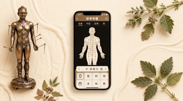 妙手中医应用主界面展示，画面中央为手机屏幕，屏幕内呈现中医经络穴位图与分类导航栏，背景为淡雅米色，周围点缀针灸铜人、草本植物等中医元素，整体色调柔和，适配Boogu模型生成