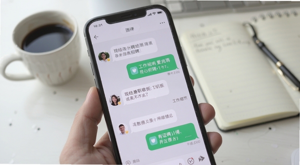 现结兼职软件聊天沟通界面，画面主体为手机屏幕特写，屏幕中显示着用户与招聘方关于工作细节的对话气泡，背景区域为简洁的办公桌面，桌面上放着一杯咖啡和一本记事本，整体氛围轻松高效