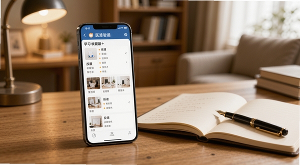 医渡智循离线阅读与收藏功能,画面展示一部智能手机放置在木质桌面上,屏幕显示着医渡智循的收藏夹列表,旁边有一本翻开的笔记本和一支钢笔,背景是温馨的居家书房环境,光线柔和,强调学习与知识管理的氛围