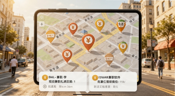 现结兼职软件地图找活功能界面，画面展示一张城市街道地图，地图上散布着多个带有货币符号的定位图钉，屏幕下方弹出兼职岗位简要信息卡片，背景为明亮的日间城市街景，整体色调温暖，体现便捷找工作的场景