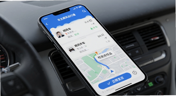 车主顺风出行通 软件主界面 手机屏幕 显示顺风车行程列表 地图导航 现代简约风格 蓝色主色调 高清渲染