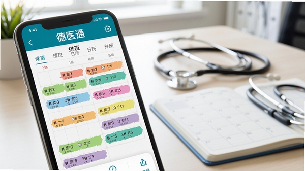 德医通医生排班日历界面特写,手机屏幕上显示彩色排班标记,背景为医生办公室场景,桌上放有听诊器和日程本,整体色调柔和明亮