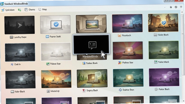 Stardock WindowBlinds 主题库浏览界面截图，展示多款不同风格的皮肤缩略图，包括深色、浅色、彩色等，界面布局清晰，鼠标悬停在某一主题上，背景为淡雅渐变色，画面精致