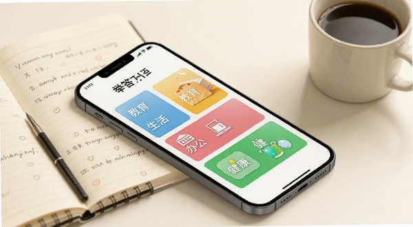 举人巧答知识分类页面，画面主体为手机屏幕侧视图，屏幕内展示教育、生活、办公、健康等彩色分类卡片，背景为柔和米白色，桌面摆放笔记本与咖啡杯，营造学习办公氛围，适配Boogu模型生成