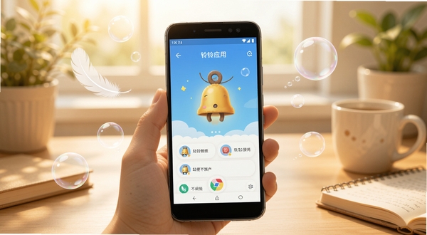 铃铛应用在低配置安卓手机上流畅运行的场景,手机屏幕显示应用界面,背景为温馨的桌面环境,画面中有轻量化的视觉元素如羽毛和气泡,突出轻便不占空间的特点