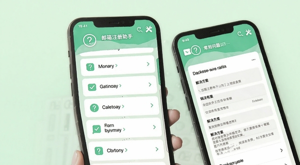电子邮箱注册助手常见问题排查界面,手机屏幕展示问题分类列表和解决方案详情页,页面中有问号图标和工具图标,背景为浅绿色清新风格,突出问题解决的高效性