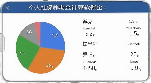 个人社保养老金计算软件测算结果页面，展示饼状图与数字明细，手机界面清晰，背景为白色，突出养老金计算功能