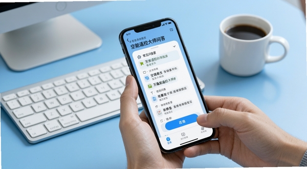 空调万能遥控大师问答场景图,画面展示手机屏幕弹出常见问题解答界面,背景是简约的蓝色调办公桌面,有键盘和咖啡杯,突出用户咨询与解答的互动氛围,风格现代清爽